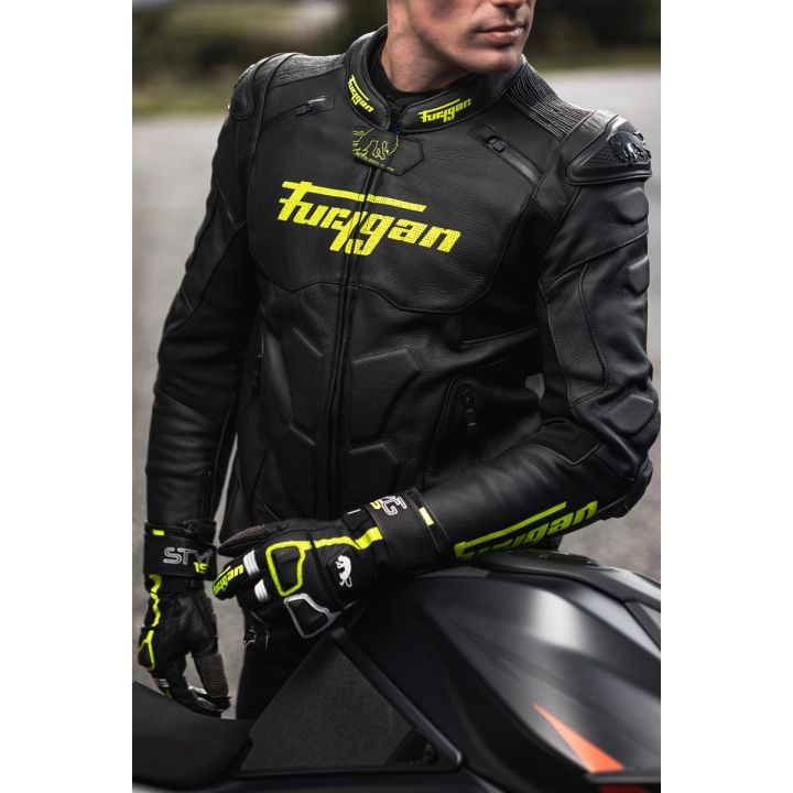 Blouson moto cuir Furygan RAPTOR EVO 3 Noir-Jaune Fluo