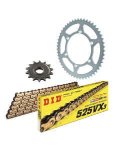 Kit chaine moto 15x49 525 DID - Couronne acier - DID525VX3 Or-Noir - Ducati