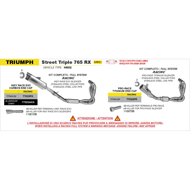 dB-Killer ARROW low sound pour silencieux Pro-Race - non homologué - MV AGUSTA / TRIUMPH / ZONTES