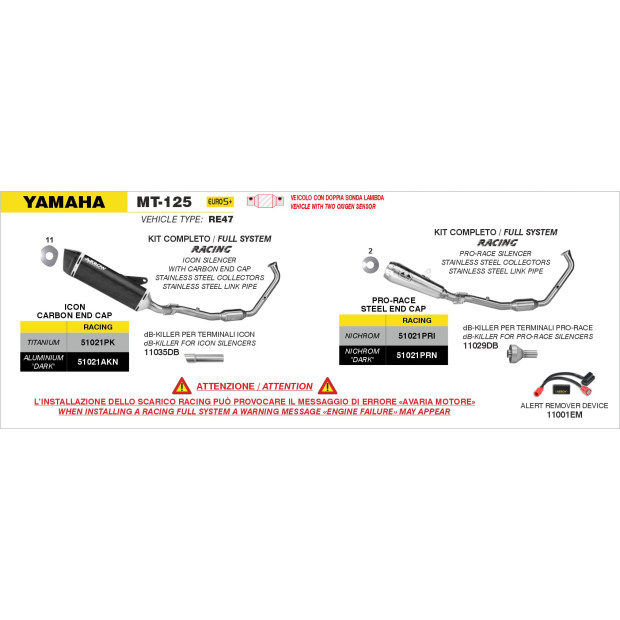 Ligne d'échappement complète ARROW avec silencieux Pro-Race en nichrome - non homologuée - YAMAHA YZF-R 125 - MT 125 2025-2026