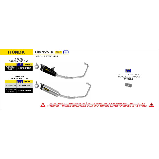 Ligne complète ARROW avec silencieux X-Kone en inox noir avec embout carbone - homologuée CE - HONDA CB 125 R 2021-2024