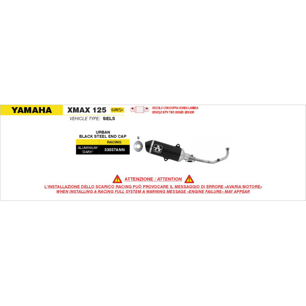 Ligne complète racing ARROW avec silencieux Urban en alu noir avec embout inox noir - non homologuée - YAMAHA (réf. 53057ANN)