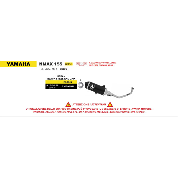 Ligne complète racing ARROW silencieux Urban en alu noir avec embout inox noir - non homologuée - YAMAHA NMAX 155 2025-2026