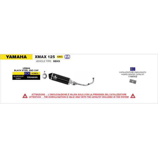 Ligne complète ARROW avec silencieux Urban en aluminium noir avec embout inox noir - homologuée CE - YAMAHA XMAX 125 2021-2024