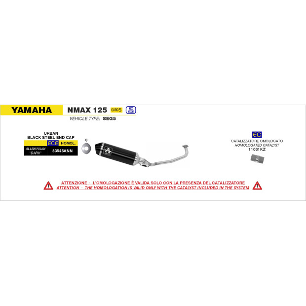 Ligne complète ARROW avec silencieux Urban en aluminium noir avec embout inox noir - homologuée CE - YAMAHA NMAX 125 2021-2024