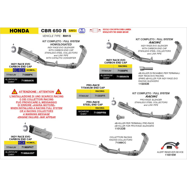 Ligne d'échappement complète racing ARROW avec silencieux Indy Race EVO en titane avec embout carbone - non homologuée - HONDA