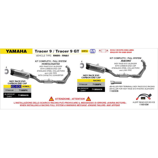 Ligne complète racing ARROW avec silencieux Indy Race EVO en titane avec embout carbone - non homologuée - YAMAHA (réf. 71089PK)