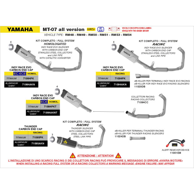Ligne complète racing ARROW silencieux Indy Race EVO en alu noir avec embout carbone - non homologuée - YAMAHA MT-07 2025-2026