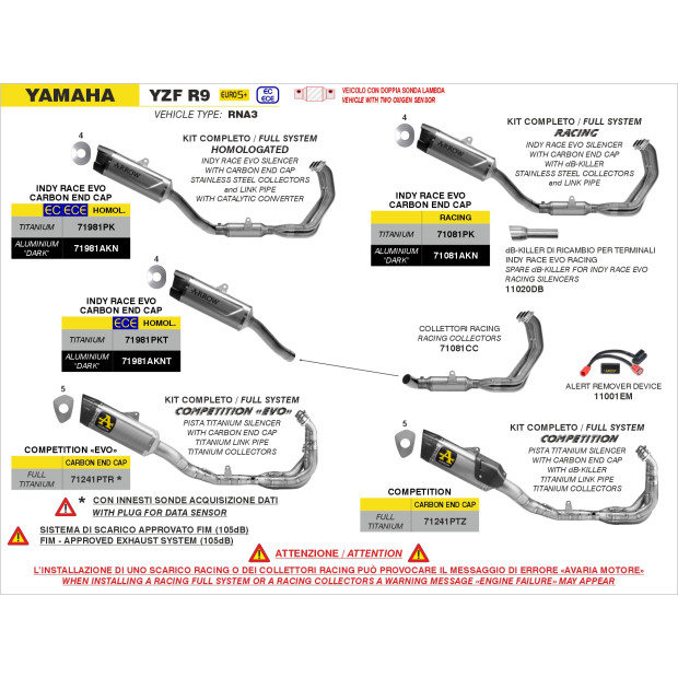 Ligne d'échappement complète ARROW COMPETITION en titane avec embout carbone - non homologuée - YAMAHA YZF R9 2025-2026