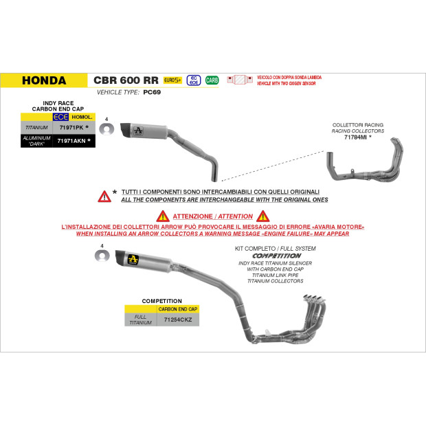 Ligne d'échappement complète ARROW COMPETITION en titane avec embout carbone - non homologuée - HONDA CBR 600 RR 2024-2026