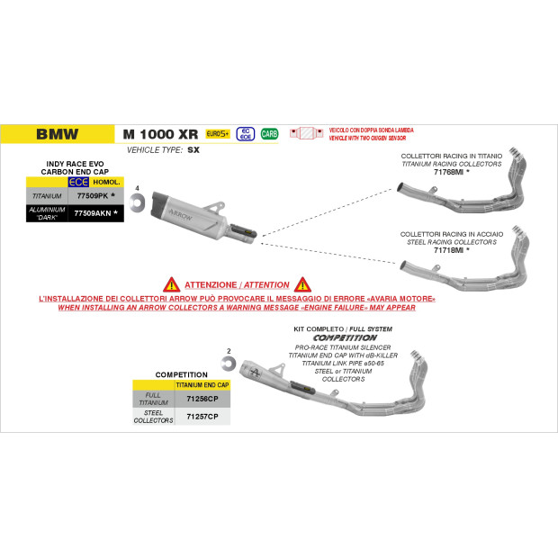 Ligne d'échappement complète ARROW COMPETITION en titane - non homologuée - BMW M 1000 XR 2025-2026 (réf. 71256CP)