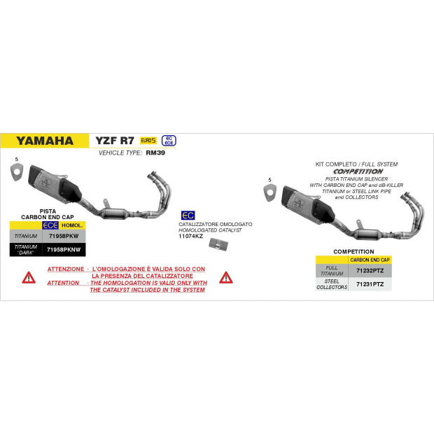 Ligne d'échappement complète ARROW Pista en titane avec embout carbone - homologuée CE - YAMAHA YZF R7 2021-2024