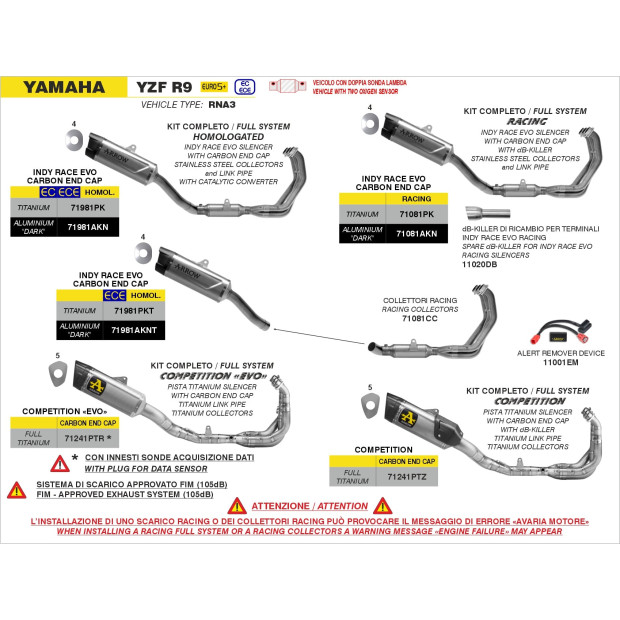 Ligne complète ARROW avec silencieux Indy Race EVO en titane avec embout carbone - homologuée CE - YAMAHA YZF R9 2025-2026