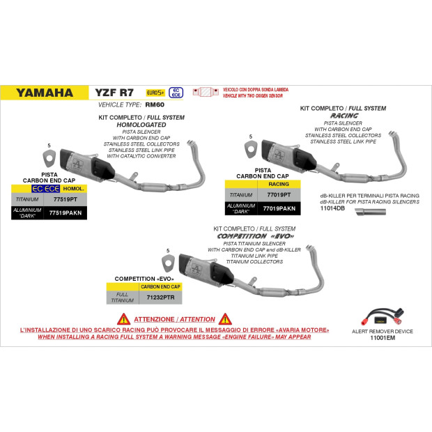 Ligne complète ARROW avec silencieux Pista en aluminium noir avec embout carbone - homologuée CE - YAMAHA YZF R7 2026