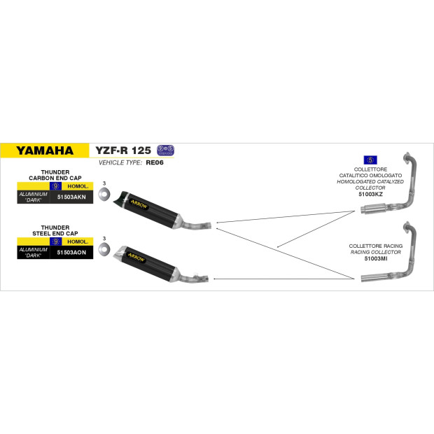 Silencieux d'échappement ARROW Street Thunder en aluminium noir avec embout carbone - homologué CE - YAMAHA YZF-R 125 2008-2018