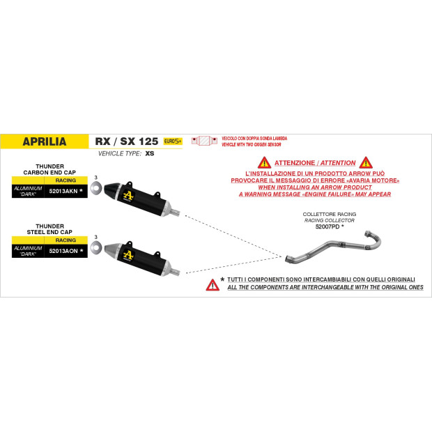 Silencieux ARROW Thunder en aluminium noir avec embout carbone - non homologué - APRILIA RX / SX 125 2025-2026 (réf. 52013AKN)