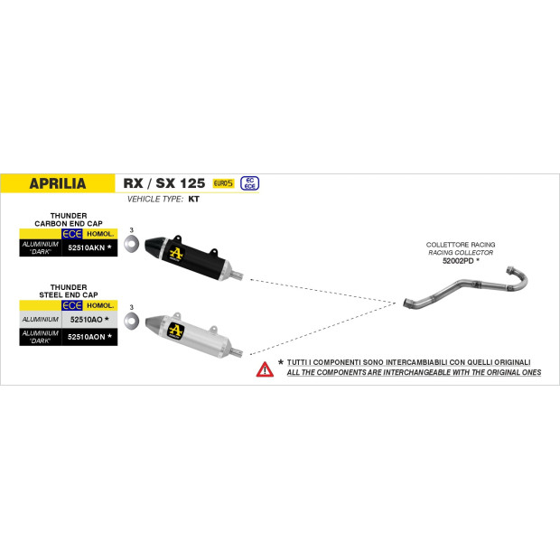 Silencieux d'échappement ARROW Thunder en aluminium noir avec embout carbone - homologué CE - APRILIA RX / SX 125 2021-2024