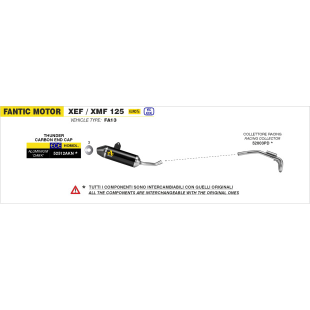 Silencieux ARROW Thunder en aluminium noir avec embout en carbone - homologué CE - FANTIC MOTOR XEF / XMF 125 2023-2024