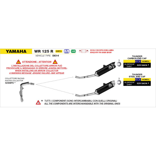 Silencieux d'échappement ARROW Thunder en aluminium noir avec embout carbone - homologué CE - YAMAHA WR 125 R 2026
