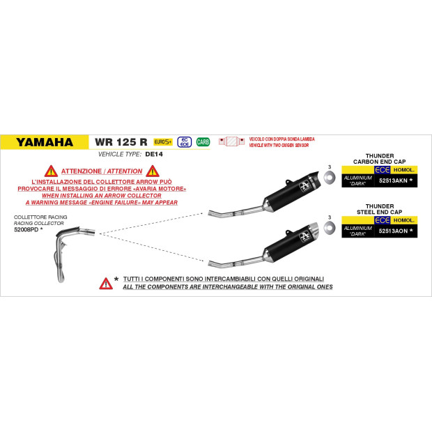 Silencieux d'échappement ARROW Thunder en aluminium noir avec embout inox - homologué CE - YAMAHA WR 125 R 2026