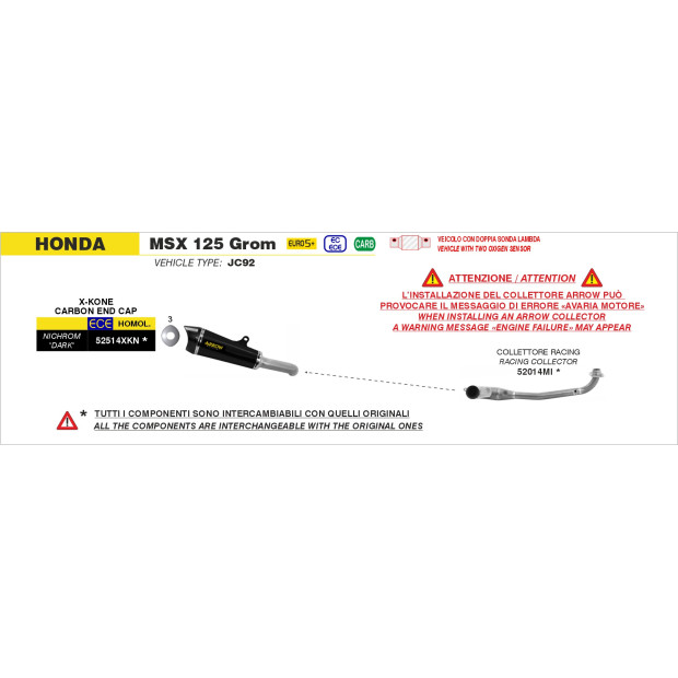 Silencieux d'échappement ARROW X-Kone en inox noir avec embout carbone - homologué CE - HONDA MSX 125 GROM 2025-2026