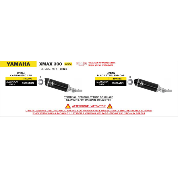 Silencieux d'échappement ARROW Urban en aluminium noir avec embout carbone - non homologué - YAMAHA XMAX 300 2025-2026