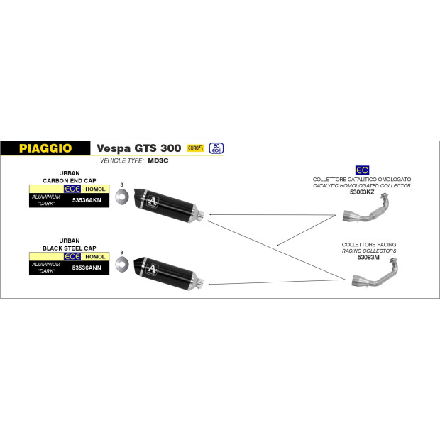 Silencieux d'échappement ARROW Urban en aluminium noir avec embout inox noir - homologué CE - PIAGGIO (réf. 53536ANN)