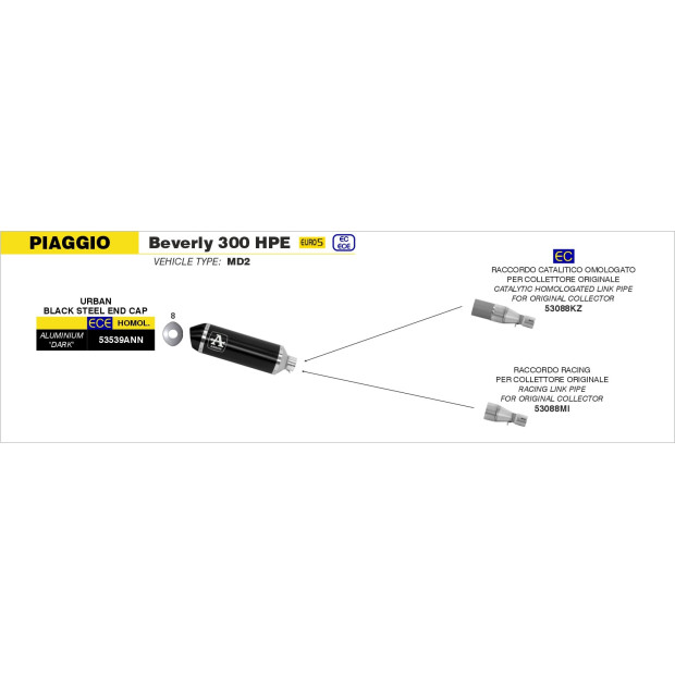 Silencieux d'échappement ARROW Urban en aluminium noir avec embout inox noir - homologué CE - PIAGGIO BEVERLY 300 HPE 2021-2024