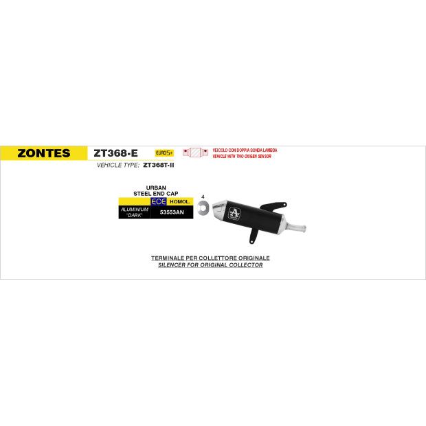 Silencieux d'échappement ARROW Urban en aluminium noir avec embout inox - homologué CE - ZONTES ZT368-G - ZT368-E 2025-2026