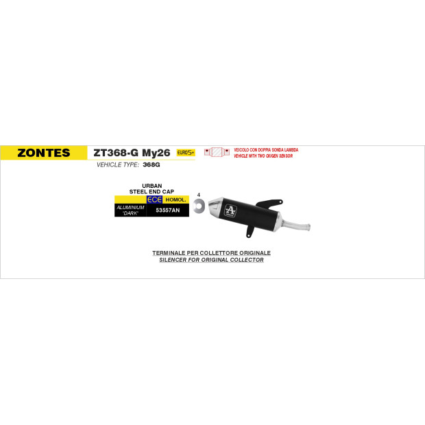 Silencieux d'échappement ARROW Urban en aluminium noir avec embout inox - homologué CE - ZONTES ZT368-G MY26 2026