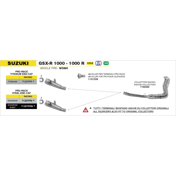 Silencieux d'échappement ARROW Pro-Race en nichrome - non homologué - SUZUKI GSX-R 1000 / 1000 R 2017-2020