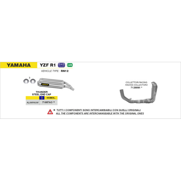 Paire de silencieux ARROW Thunder en aluminium avec embout inox - homologuée CE - YAMAHA YZF R1 2004-2006