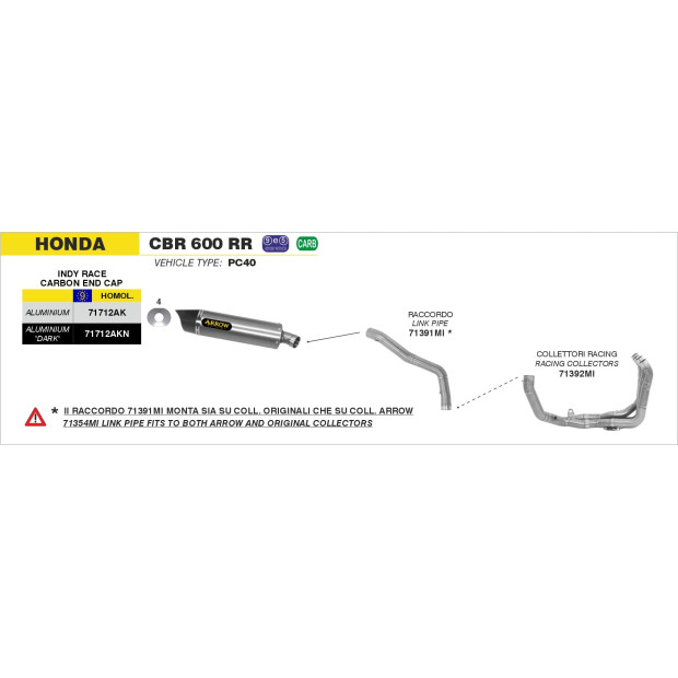 Silencieux d'échappement ARROW Indy Race en aluminium noir avec embout carbone - homologué CE - HONDA CBR 600 RR 2007-2012