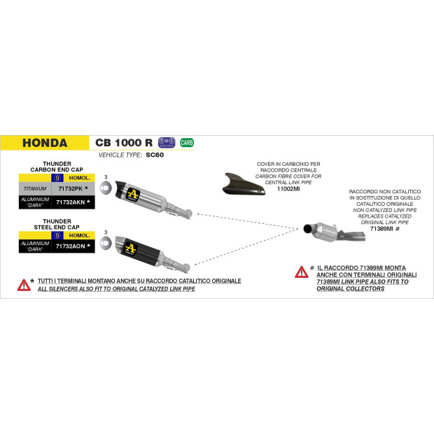 Silencieux d'échappement ARROW Thunder en titane avec embout carbone - homologué CE - HONDA CB 1000 R 2008-2017