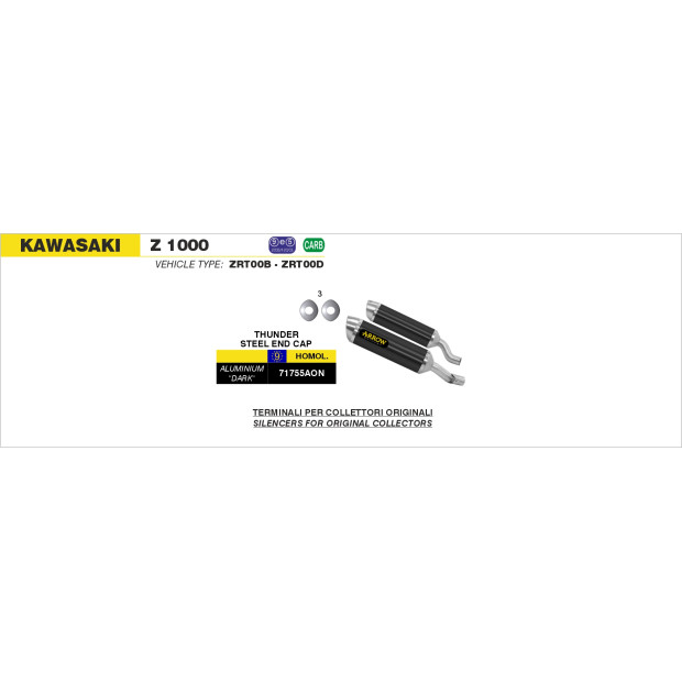 Paire de silencieux ARROW Thunder en aluminium noir avec embout inox - homologuée CE - KAWASAKI Z 1000 2010-2020