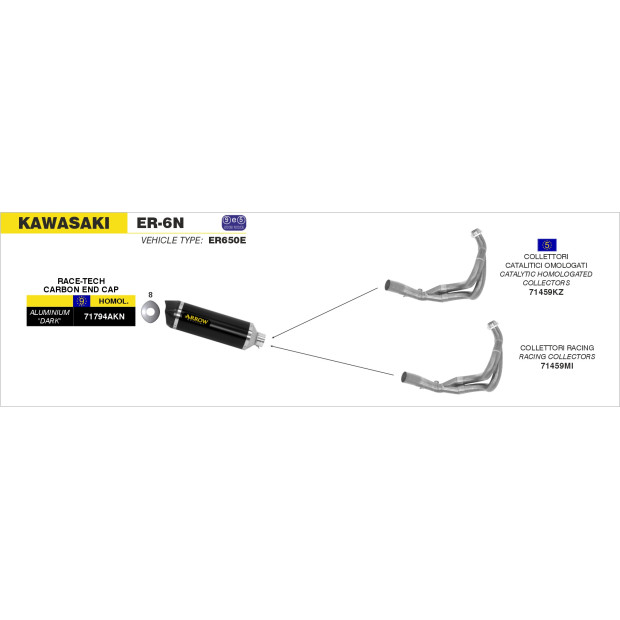 Silencieux d'échappement ARROW Race-Tech en aluminium noir avec embout carbone - homologué CE - KAWASAKI (réf. 71794AKN)