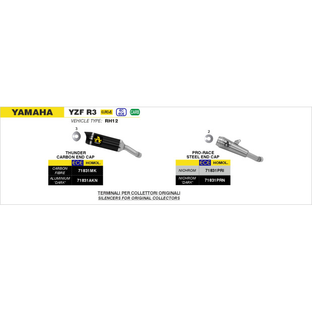 Silencieux ARROW Pro-Race en nichrome - homologué CE - YAMAHA YZF R3 2015-2024 - YZF R25 2015-2016 - MT-03 2016-2019