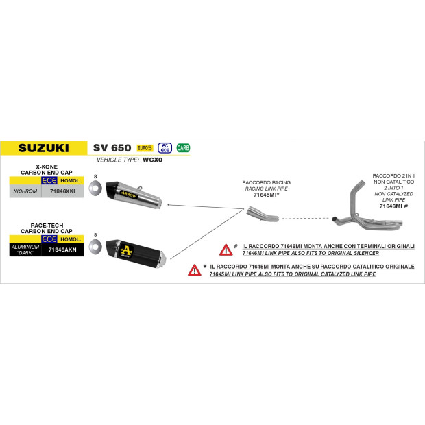 Silencieux d'échappement ARROW Race-Tech en aluminium noir avec embout carbone - homologué CE - SUZUKI SV 650 2016-2024