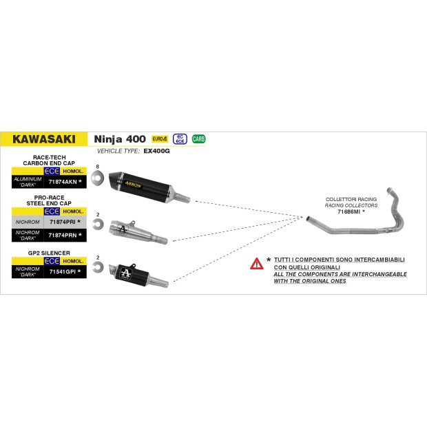 Silencieux ARROW Race-Tech en aluminium noir avec embout carbone - homologué CE - KAWASAKI NINJA 400 2018-2020 - Z 400 2019-2020