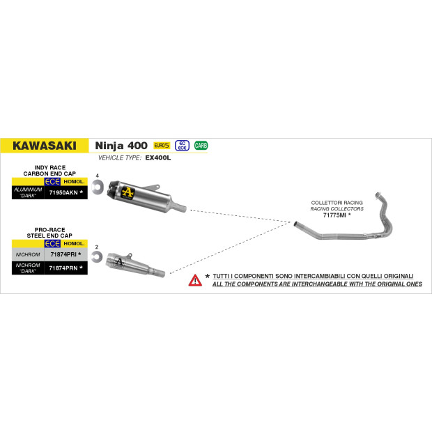 Silencieux d'échappement ARROW Pro-Race en nichrome - homologué CE - KAWASAKI NINJA 400 2018-2023 - Z 400 2019-2023