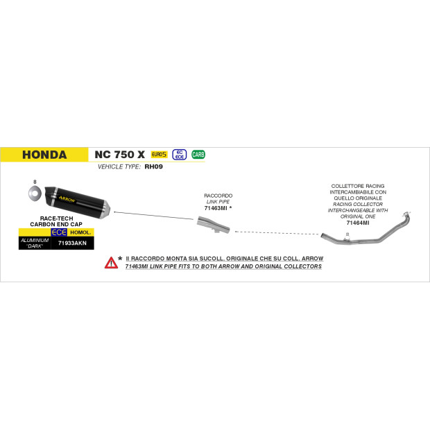 Silencieux d'échappement ARROW Race-Tech en aluminium noir avec embout carbone - homologué CE - HONDA NC 750 X 2021-2024