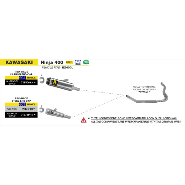 Silencieux d'échappement ARROW Indy Race en aluminium noir avec embout carbone - homologué CE - KAWASAKI NINJA 400 - Z 400 2023