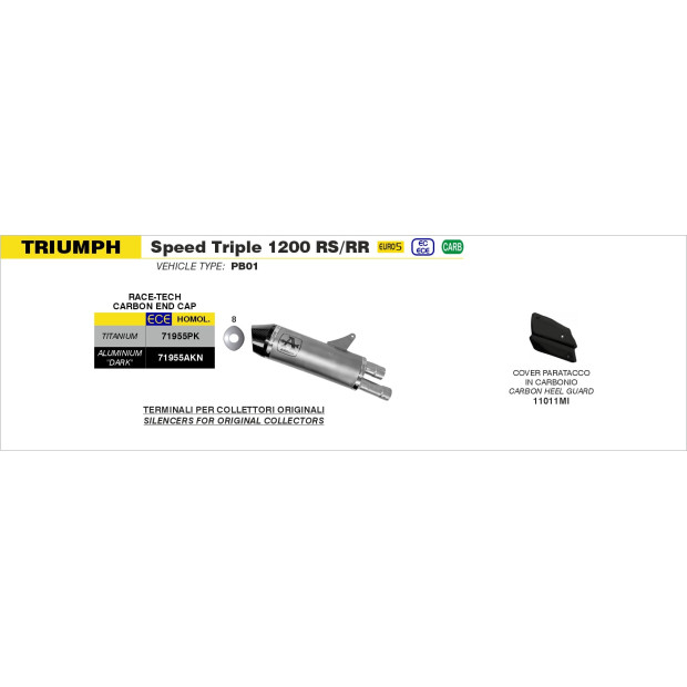 Silencieux ARROW Race-Tech en aluminium noir avec embout carbone - homologué CE - TRIUMPH SPEED TRIPLE 1200 RS/RR 2021-2024