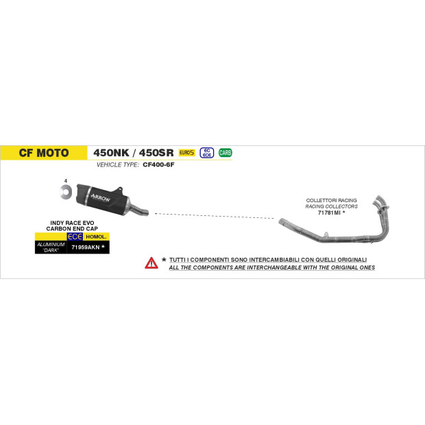 Silencieux ARROW Indy Race EVO en aluminium noir avec embout carbone - homologué CE - CF MOTO 450NK / 450SR 2023-2026