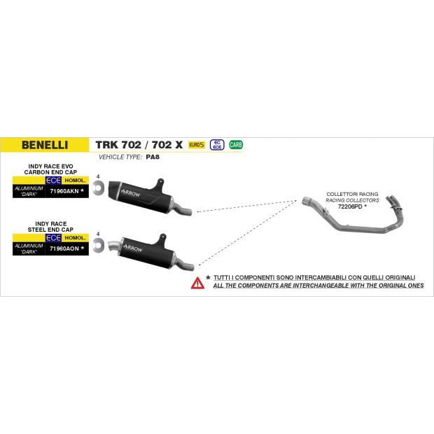 Silencieux d'échappement ARROW Indy Race en aluminium noir avec embout inox - homologué CE - BENELLI TRK 702 / 702X 2023-2026