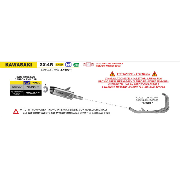 Silencieux d'échappement ARROW Indy Race EVO en aluminium noir avec embout carbone - homologué CE - KAWASAKI ZX-4R 2024-2026