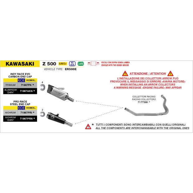 Silencieux d'échappement ARROW Indy Race EVO en titane avec embout carbone - homologué CE - KAWASAKI Z 500 - NINJA 500 2024-2026