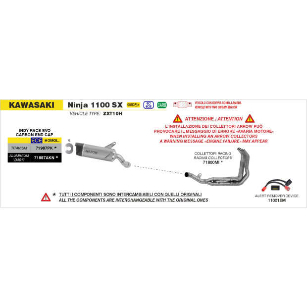 Silencieux d'échappement ARROW Indy Race EVO en titane avec embout carbone - homologué CE - KAWASAKI