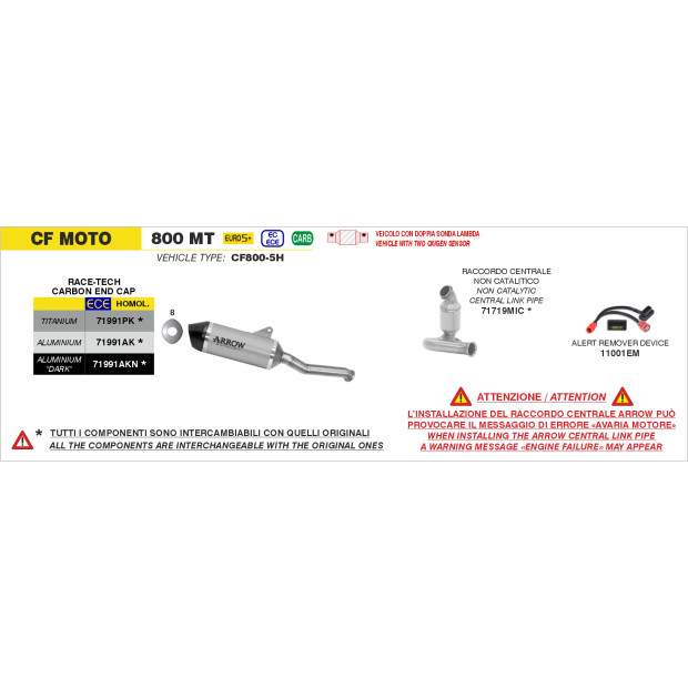 Silencieux d'échappement ARROW Race-Tech en aluminium avec embout carbone - homologué CE - CF MOTO 800 MT 2025-2026