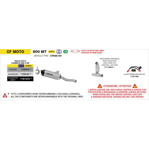 Silencieux d'échappement ARROW Race-Tech en aluminium noir avec embout carbone - homologué CE - CF MOTO 800 MT 2025-2026